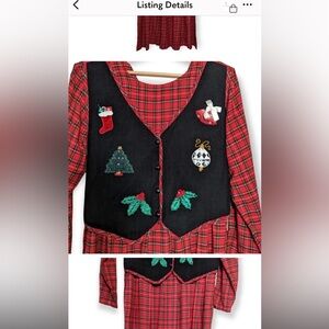 Vintage Christmas Beaded Embroidered Plaid Vest Midi Dress